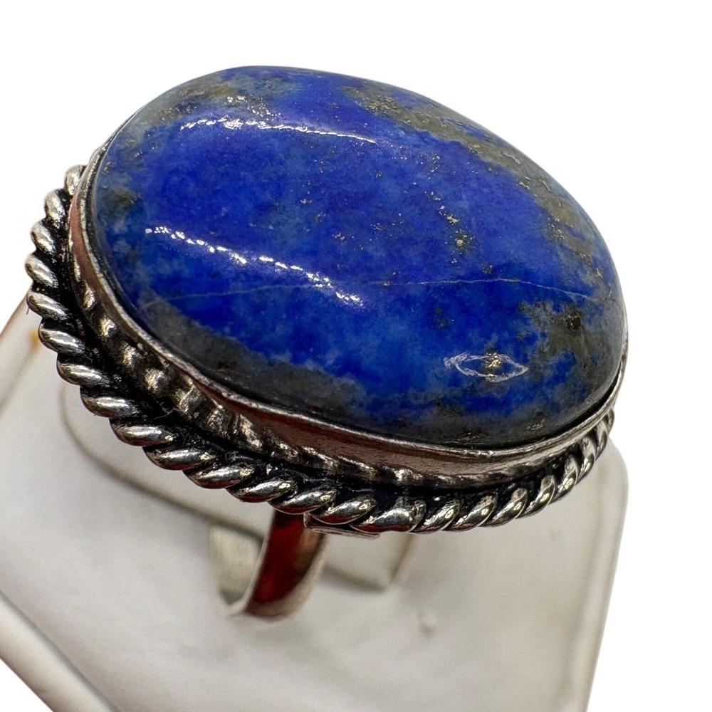 Vintage Sterling Silver Lapis Lazuli Oval Rope Border Ring Size 9.25 6.92g‎